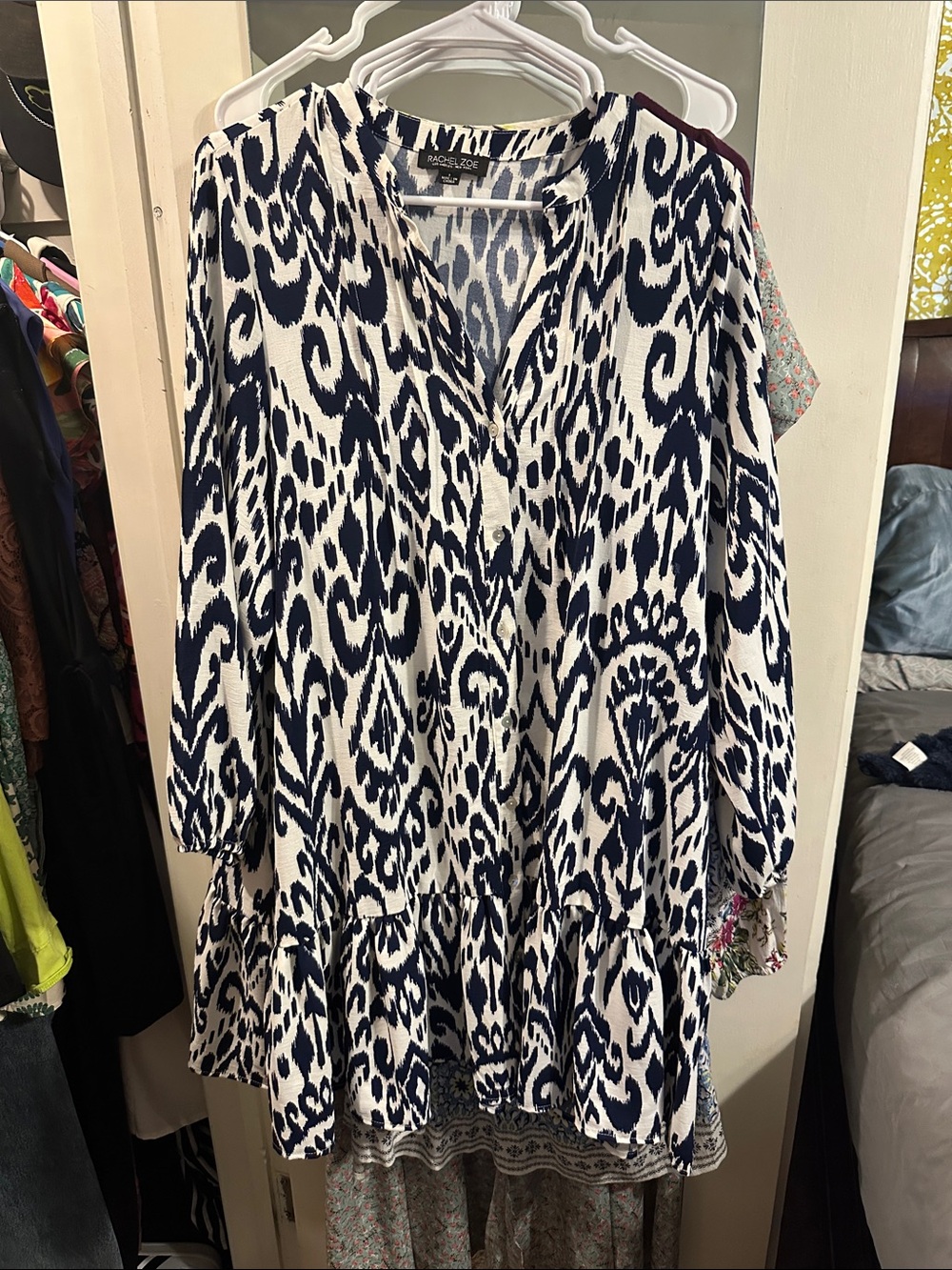 NY Collection Navy and White Ikat-Print Long Sleeve Tunic Dress
